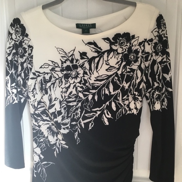 Ralph Lauren Black and White Floral Long Sleeve Dress Size 4 - Picture 2 of 8